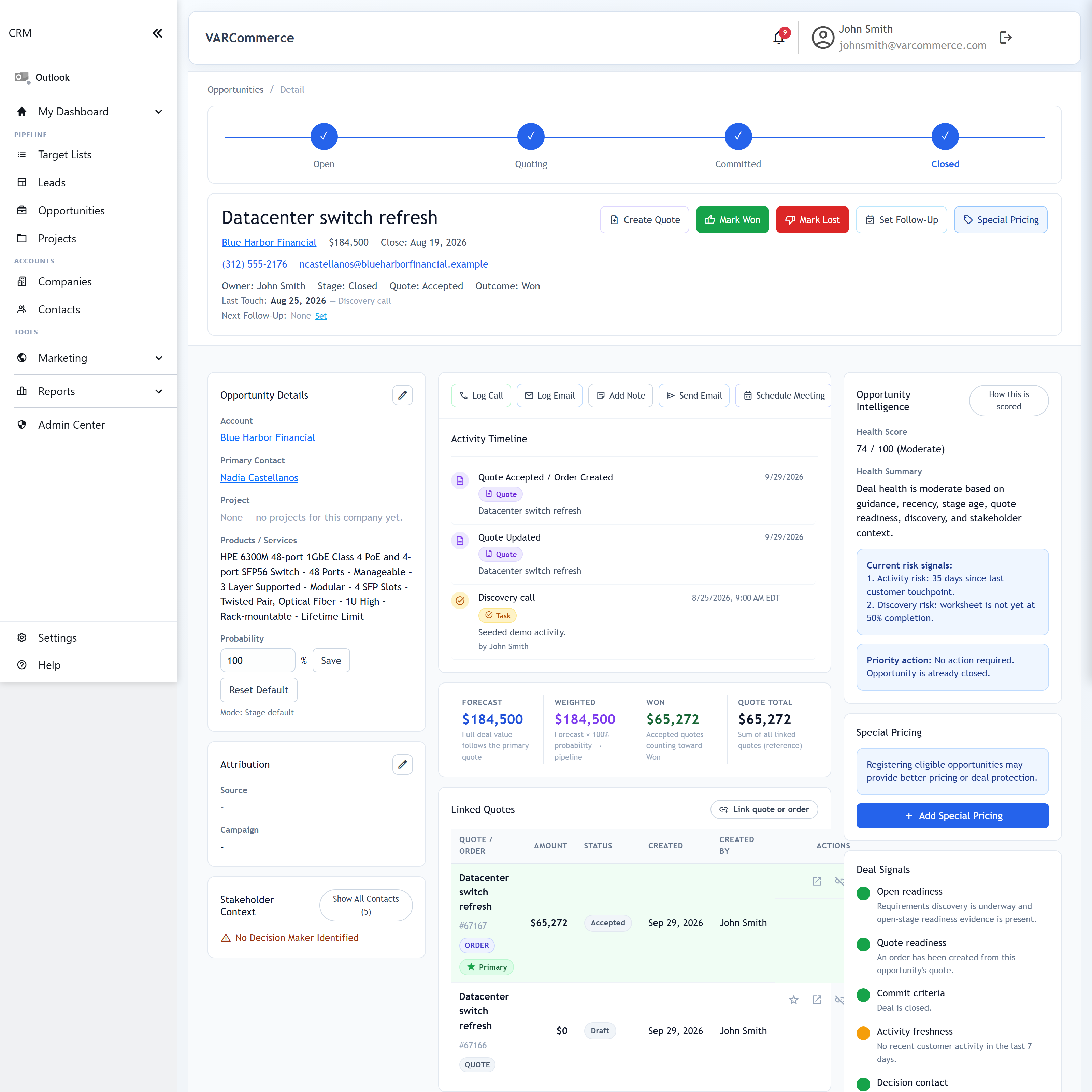 Opportunity detail with linked quote, forecast, activity timeline and deal health