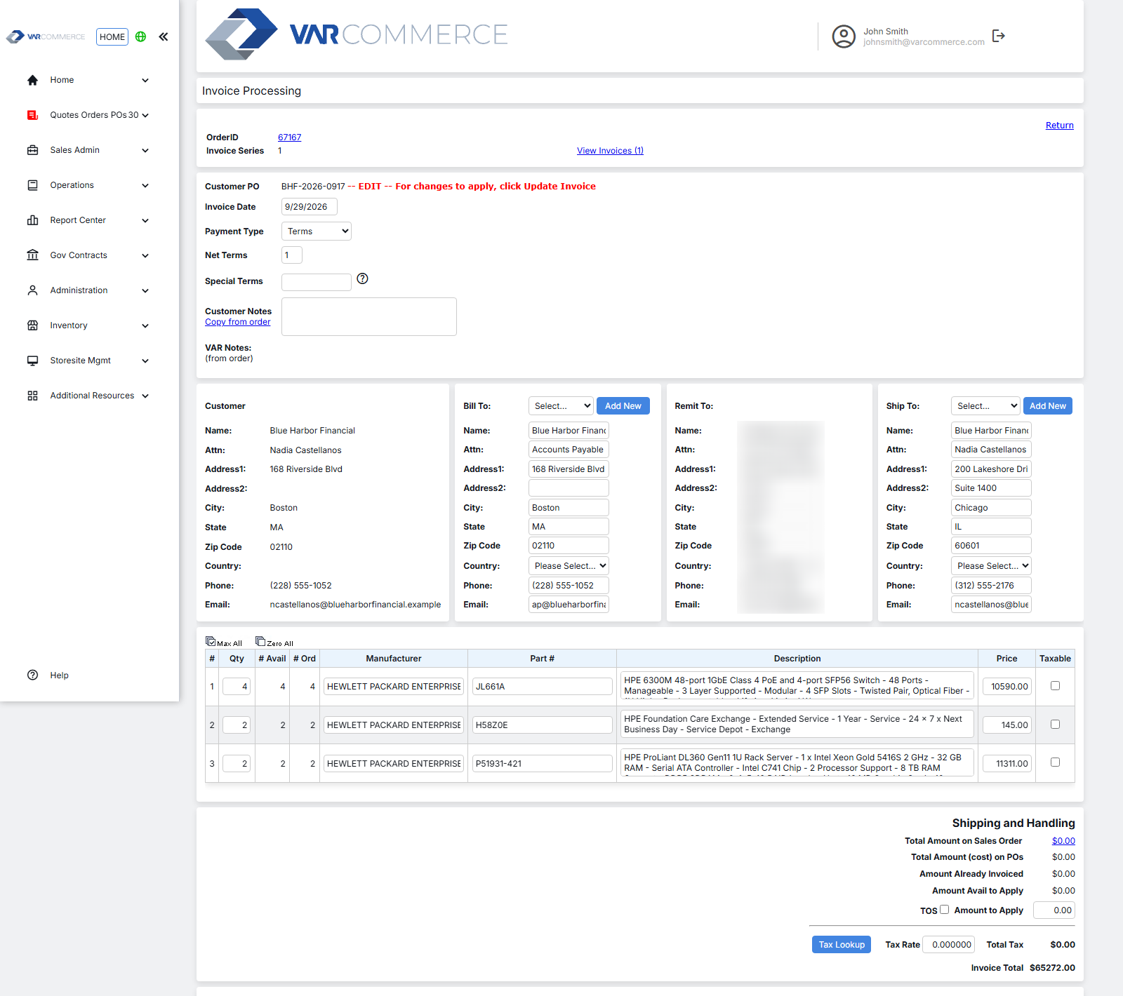 Invoice generated from the order at the quoted prices