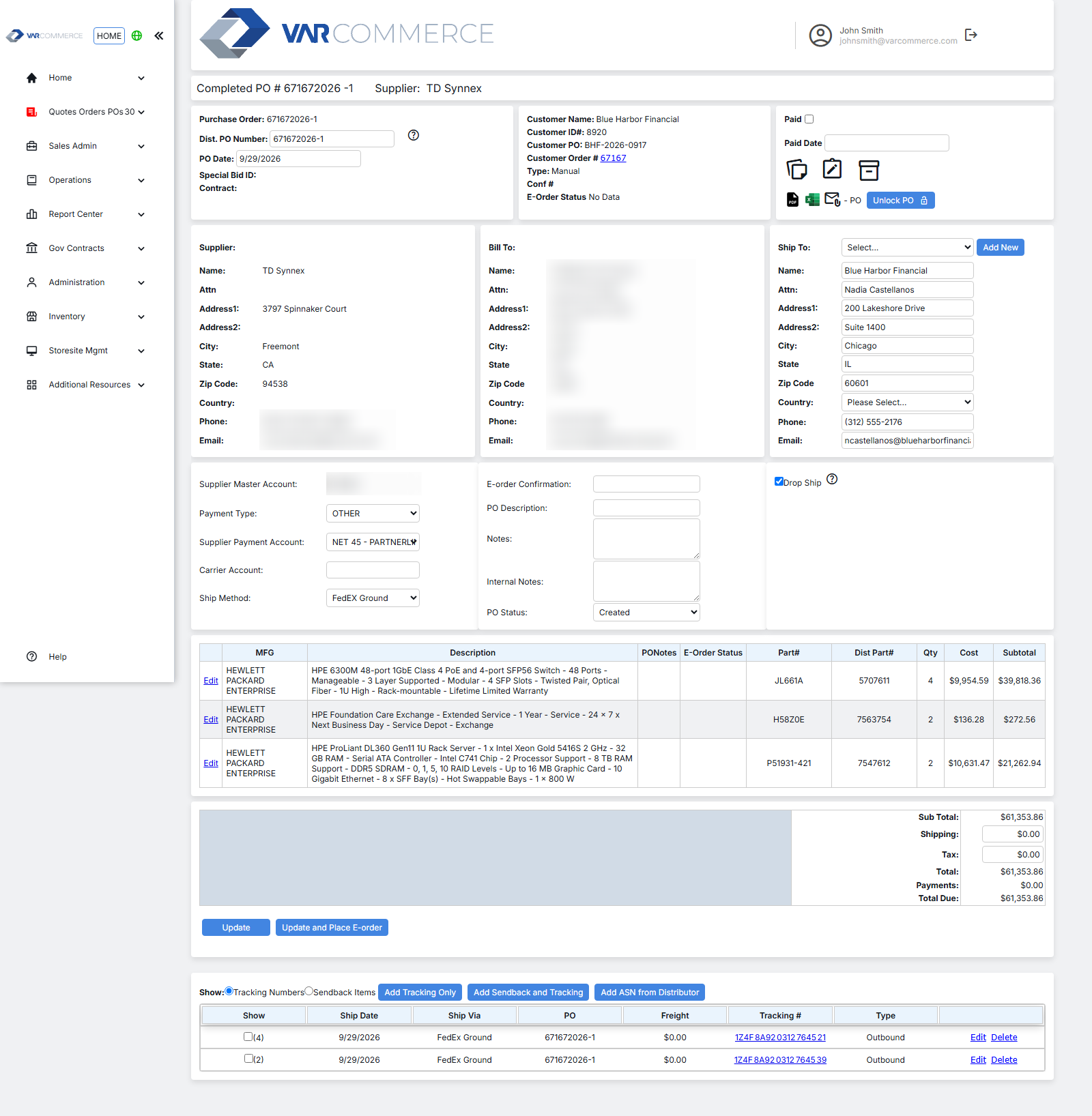 Purchase order to the distributor with line items, tracking numbers and serial numbers
